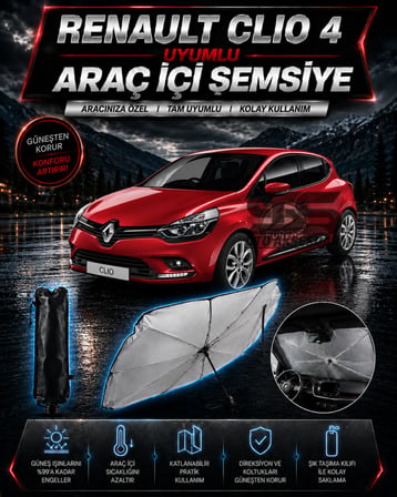 Renault Clio 4 Araç Ön Cam Güneşliği Katlanabilir Şemsiye Oto Güneşlik UV Korumalı Gölgelik Araba Oto Şemsiyesi