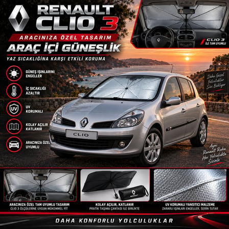Renault Clio 3 Araç Ön Cam Güneşliği Katlanabilir Şemsiye Oto Güneşlik UV Korumalı Gölgelik Araba Oto Şemsiyesi