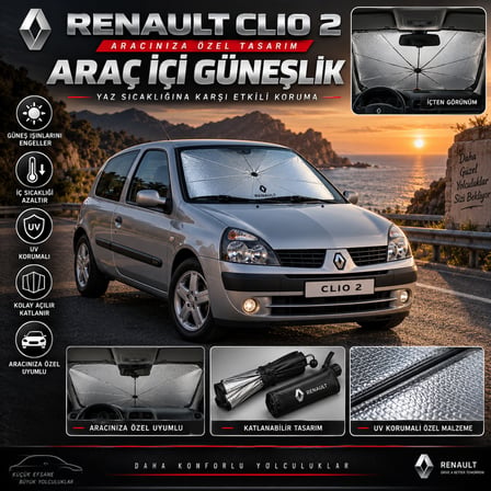 Renault Clio 2 Araç Ön Cam Güneşliği Katlanabilir Şemsiye Oto Güneşlik UV Korumalı Gölgelik Araba Oto Şemsiyesi