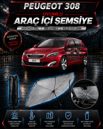 Peugeot 308 Araç Ön Cam Güneşliği Katlanabilir Şemsiye Oto Güneşlik UV Korumalı Gölgelik Araba Oto Şemsiyesi
