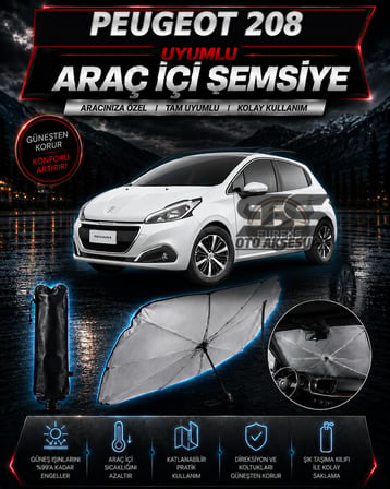 Peugeot 208 Araç Ön Cam Güneşliği Katlanabilir Şemsiye Oto Güneşlik UV Korumalı Gölgelik Araba Oto Şemsiyesi