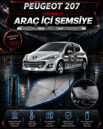 Peugeot 207 Araç Ön Cam Güneşliği Katlanabilir Şemsiye Oto Güneşlik UV Korumalı Gölgelik Araba Oto Şemsiyesi