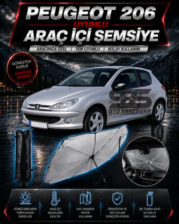 Peugeot 206 Araç Ön Cam Güneşliği Katlanabilir Şemsiye Oto Güneşlik UV Korumalı Gölgelik Araba Oto Şemsiyesi
