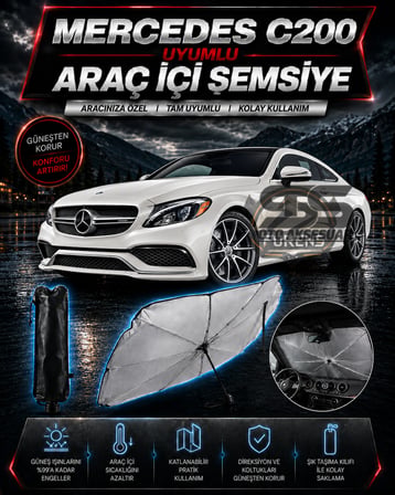 Mercedes C200 Araç Ön Cam Güneşliği Katlanabilir Şemsiye Oto Güneşlik UV Korumalı Gölgelik Araba Oto Şemsiyesi