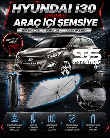 Hyundai İ30 Araç Ön Cam Güneşliği Katlanabilir Şemsiye Oto Güneşlik UV Korumalı Gölgelik Araba Oto Şemsiyesi