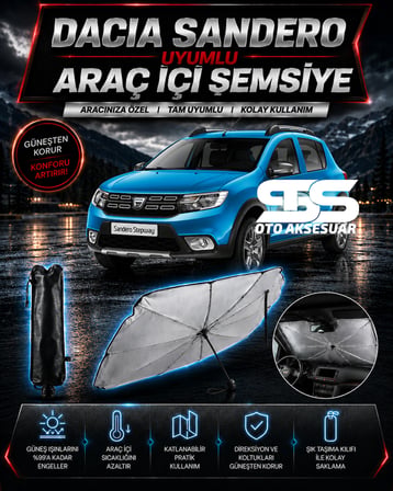 Dacia Sandero Araç Ön Cam Güneşliği Katlanabilir Şemsiye Oto Güneşlik UV Korumalı Gölgelik Araba Oto Şemsiyesi
