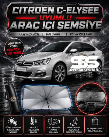 Citroen C-Elysee Araç Ön Cam Güneşliği Katlanabilir Şemsiye Oto Güneşlik UV Korumalı Gölgelik Araba Oto Şemsiyesi