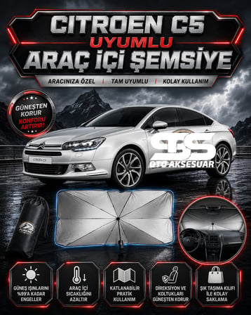 Citroen C5 Araç Ön Cam Güneşliği Katlanabilir Şemsiye Oto Güneşlik UV Korumalı Gölgelik Araba Oto Şemsiyesi