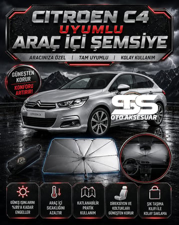 Citroen C4 Araç Ön Cam Güneşliği Katlanabilir Şemsiye Oto Güneşlik UV Korumalı Gölgelik Araba Oto Şemsiyesi