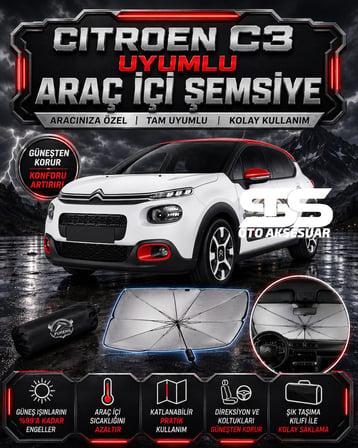 Citroen C3 Araç Ön Cam Güneşliği Katlanabilir Şemsiye Oto Güneşlik UV Korumalı Gölgelik Araba Oto Şemsiyesi