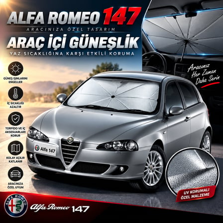 Alfa Romeo 147 Araç Ön Cam Güneşliği Katlanabilir Şemsiye Oto Güneşlik UV Korumalı Gölgelik Araba Oto Şemsiyesi