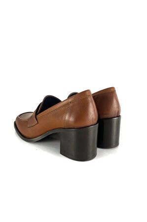 HAKİKİ DERİ KADIN TOPUKLU LOAFER TABA DERİ