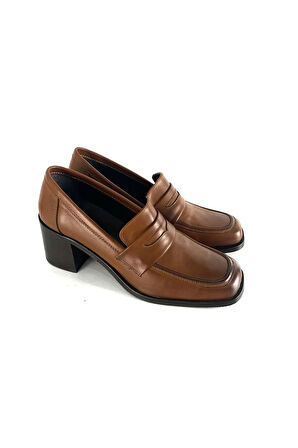 HAKİKİ DERİ KADIN TOPUKLU LOAFER TABA DERİ