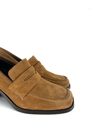 HAKİKİ DERİ KADIN TOPUKLU LOAFER TABA SÜET