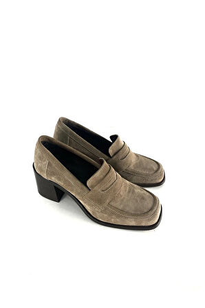 HAKİKİ DERİ KADIN TOPUKLU LOAFER VİZON SÜET