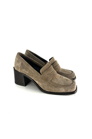 HAKİKİ DERİ KADIN TOPUKLU LOAFER VİZON SÜET