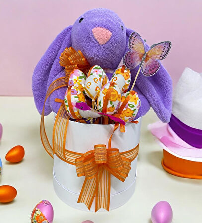 SOLE Premium Paskalya Temalı 45 cm Mor Bunny Tavşan Hediye Kutusu - Dekoratif Yumurta ve Kelebek Süslemeli