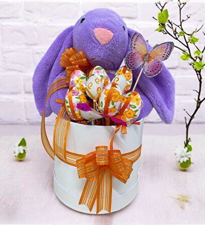 SOLE Premium Paskalya Temalı 45 cm Mor Bunny Tavşan Hediye Kutusu - Dekoratif Yumurta ve Kelebek Süslemeli