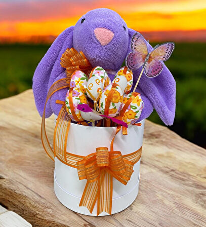 SOLE Premium Paskalya Temalı 45 cm Mor Bunny Tavşan Hediye Kutusu - Dekoratif Yumurta ve Kelebek Süslemeli