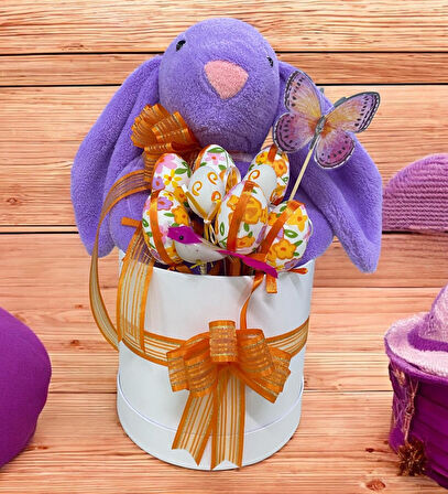 SOLE Premium Paskalya Temalı 45 cm Mor Bunny Tavşan Hediye Kutusu - Dekoratif Yumurta ve Kelebek Süslemeli