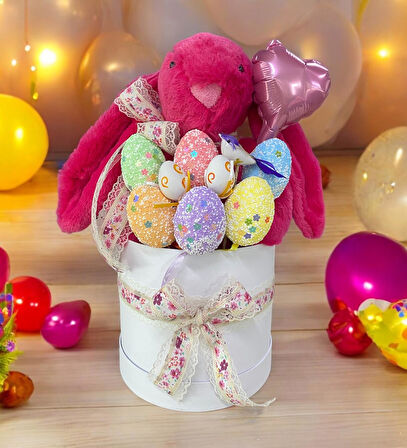 SOLE Premium Paskalya Temalı 45 cm Fuşya Bunny Tavşan Hediye Kutusu - Dekoratif Yumurta ve Kalp Balon Detaylı