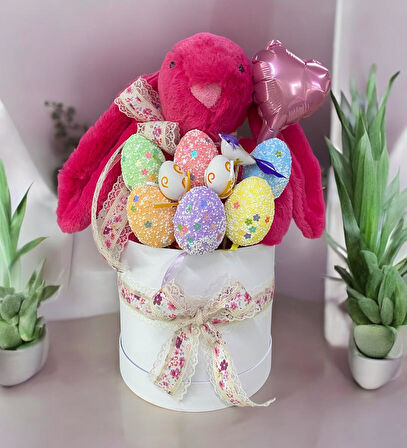 SOLE Premium Paskalya Temalı 45 cm Fuşya Bunny Tavşan Hediye Kutusu - Dekoratif Yumurta ve Kalp Balon Detaylı