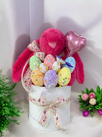 SOLE Premium Paskalya Temalı 45 cm Fuşya Bunny Tavşan Hediye Kutusu - Dekoratif Yumurta ve Kalp Balon Detaylı