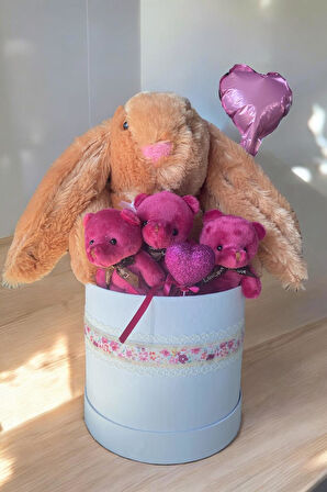 SOLE Premium Özel Kutusunda; 45 cm Kahve Bunny Tavşan, Simli Kalp 3 Adet Fuşya Ayıcık ve Kalp Balonlu Buket