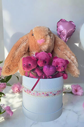 SOLE Premium Özel Kutusunda; 45 cm Kahve Bunny Tavşan, Simli Kalp 3 Adet Fuşya Ayıcık ve Kalp Balonlu Buket