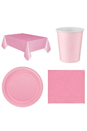 Pembe Masa Örtüsü Bardak Tabak Peçete Seti 16 Kişilik