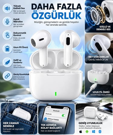 Kablosuz Şarj Kutulu mikrofonlu Kulaklık airpods Tipi Beyaz Bluetooth Kulaklık Kablosuz Kulak İçi Kulaklık(Hands-Free görüşme desteği+Stereo ses deneyimi)
