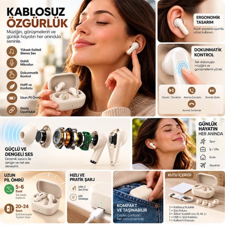 Gri Enc Mikrofonlu Bluetooth Kulaklık Şarj Kutulu Androıd & İos Uyumlu Kulak İçi Kulaklık(Handsfree telefon görüşmesi+Dokunmatik kontrol+Dahili mikrofon+ENC çevresel gürültü azaltma teknolojisi)