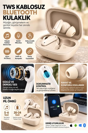Gri Enc Mikrofonlu Bluetooth Kulaklık Şarj Kutulu Androıd & İos Uyumlu Kulak İçi Kulaklık(Handsfree telefon görüşmesi+Dokunmatik kontrol+Dahili mikrofon+ENC çevresel gürültü azaltma teknolojisi)