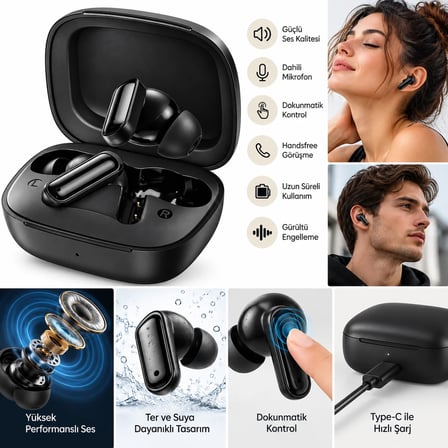 Siyah Enc Mikrofonlu Bluetooth Kulaklık Şarj Kutulu Androıd & İos Uyumlu Kablosuz Kulak İçi Kulaklık(Handsfree telefon görüşmesi+Dokunmatik kontrol+Dahili mikrofon+ENC  gürültü azaltma teknolojisi)