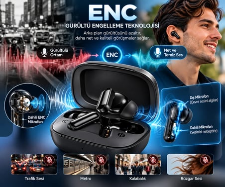 Siyah Enc Mikrofonlu Bluetooth Kulaklık Şarj Kutulu Androıd & İos Uyumlu Kablosuz Kulak İçi Kulaklık(Handsfree telefon görüşmesi+Dokunmatik kontrol+Dahili mikrofon+ENC  gürültü azaltma teknolojisi)