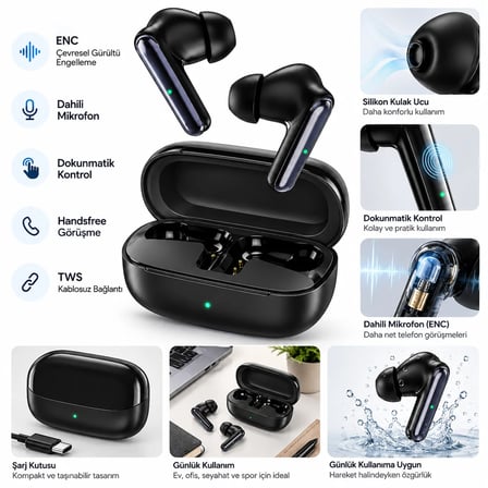 Siyah Mikrofonlu ENC Özellikli Bluetooth Kulaklık  Bluetooth Kulaklık Şarj Kutulu Androıd & İos Uyumlu (Handsfree telefon görüşmesi+Dokunmatik kontrol+Dahili mikrofon+ENC  gürültü azaltma teknolojisi)