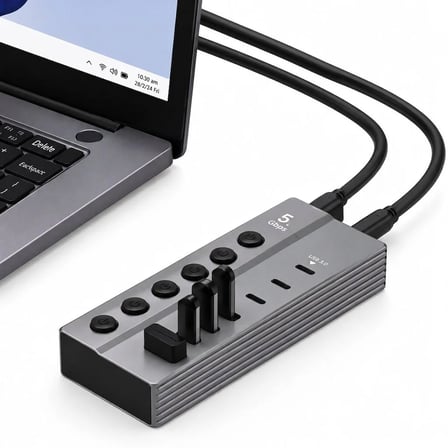 Laptop Bilgisayar için çoklu USB girişi Çoğaltıcı Adaptörlü Güç Destekli USB Anahtarlı çoğaltıcı(7 port+Geniş Uyumluluk+Tak ve Çalıştır+Çoklu Koruma+Alüminyum Gövde+Hibrit Tasarım + 5 Gbps Yüksek Hız)