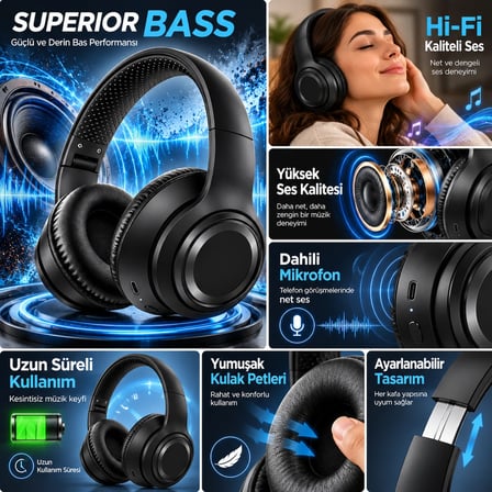 Siyah Bluetooth Kablosuz Kafa Üstü Kulaklık Kulak Üstü Kablosuz Kulaklık(Superior Bass + Hi-Fi Kaliteli Ses + Dahili mikrafon + Uzun süreli Kullanım + Yumuşak Kulak Petleri)