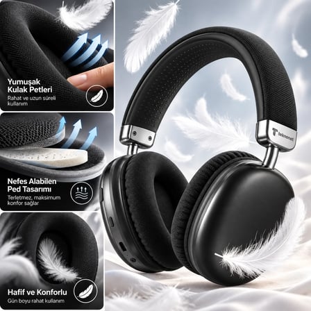 Siyah Renk Kulak Üstü Kablosuz Kulaklık iPhone Uyumlu Mikrofonlu Hi-Fi Ses Güçlü Bass (Superior Bass + Hi-Fi Kaliteli Ses + Dahili mikrafon + Uzun süreli Kullanım + Yumuşak Kulak Petleri)