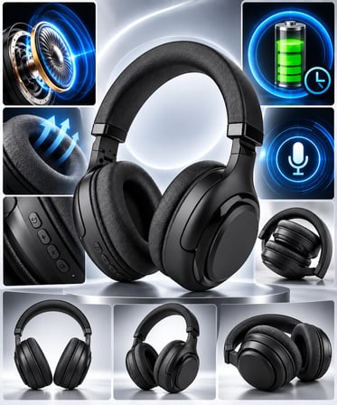 İphone & Android Telefon İçin Kulak Üstü Kablosuz Kulaklık Siyah Hi-Fi Stereo Güçlü Bass Mikrofonlu Kulak Üstü Müzik Dinleme Kulaklığı(Yüksek Kaliteli Ses+Uzun Pil Ömrü+Hafif ve Konforlu Tasarım)