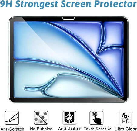 Apple iPad Air 6.Nesil M2 Uyumlu Ön Koruma Cam Ekran Koruyucu 9H Temperli Cam Film, HD Şeffaf