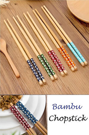 Bambu Chopstick 5 Li Desenli Yıkanabilir Çin Çubuk Suşi Ramen Noodle Yemek Çubuğu