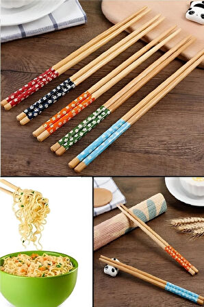 Bambu Chopstick 5 Li Desenli Yıkanabilir Çin Çubuk Suşi Ramen Noodle Yemek Çubuğu