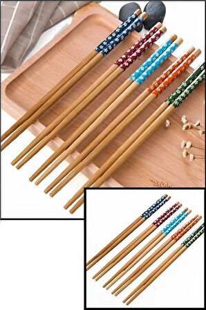 Bambu Chopstick 5 Li Desenli Yıkanabilir Çin Çubuk Suşi Ramen Noodle Yemek Çubuğu