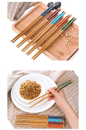 Bambu Chopstick 5 Li Desenli Yıkanabilir Çin Çubuk Suşi Ramen Noodle Yemek Çubuğu