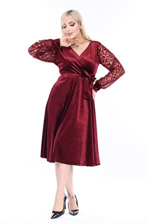 Büyük Beden Kruvaze Yaka Kadife Elbise 15C-2460