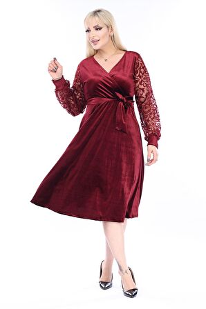 Büyük Beden Kruvaze Yaka Kadife Elbise 15C-2460