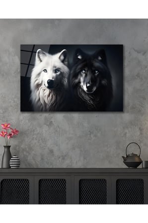 Kurt Siyah Beyaz Çift Hayvanlar Cam Tablo Modern Ev Ofis Salon Duvar Oda Dekoru Hediyelik