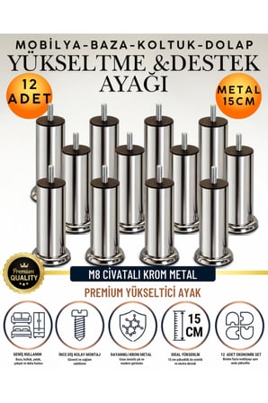 12 Adet 15 Cm M8 Vidalı Metal Krom Ayak Mobilya Ayağı Baza Ayağı Kanepe Ayağı Koltuk Ayağı Yatak Ayağı Yükseltme Ayağı Dolap Ayak Sehpa Sandık Ayakları Değişim Destek Ayağı Yükseltici Aparat Şifonyer