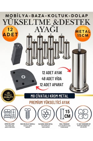 24'li Set 12 Adet Ayak ve Aparat 15 Cm M8 Vidalı Metal Krom Ayak Mobilya Ayağı Baza Ayağı Kanepe Ayağı Koltuk Ayağı Yatak Ayağı Yükseltme Ayağı Dolap Ayak Sehpa Sandık Ayakları Değişim Destek Ayağı